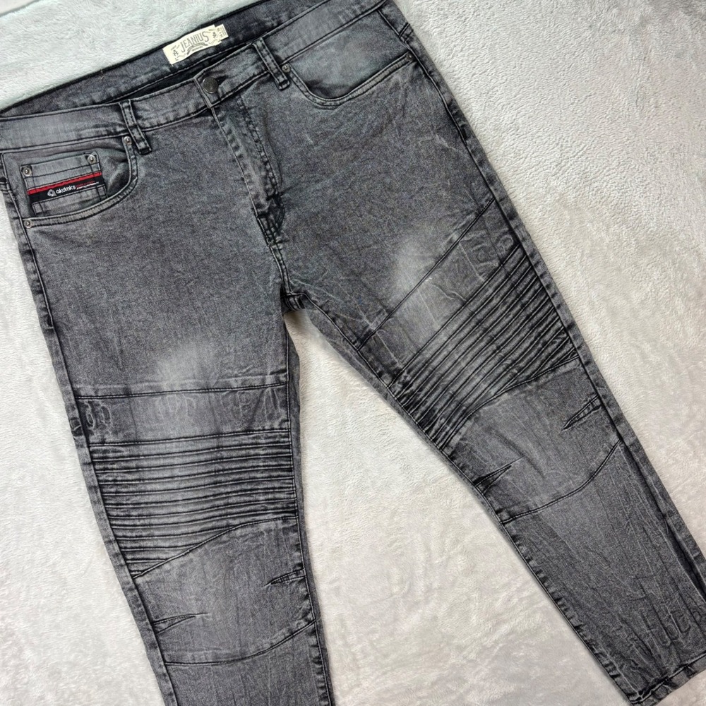 Akademiks Jeanius Men's Moto Jeans Gray‎ Distressed Ribbed Biker Stretch 36x30